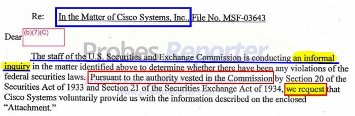Excerpt from an SEC letter showing the "request" recieved by Cisco was really notice of an informal inquiry.