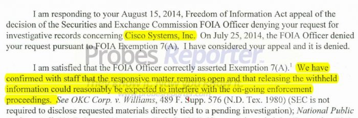 Excerpt from SEC letter confirming investigation of Cisco