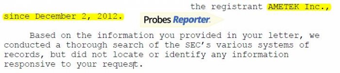 Excerpt from SEC letter saying no information found on Ametek